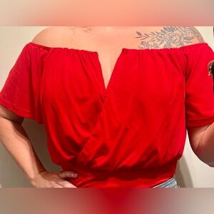 Willow + Root  Red Off Shoulder Deep V Buckle Bodysuit Size L